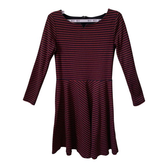 GAP Long Sleeve Dress SZ 0 Red Blue Knee Length Stretch Back Zip Flared Skirt - Picture 1 of 13